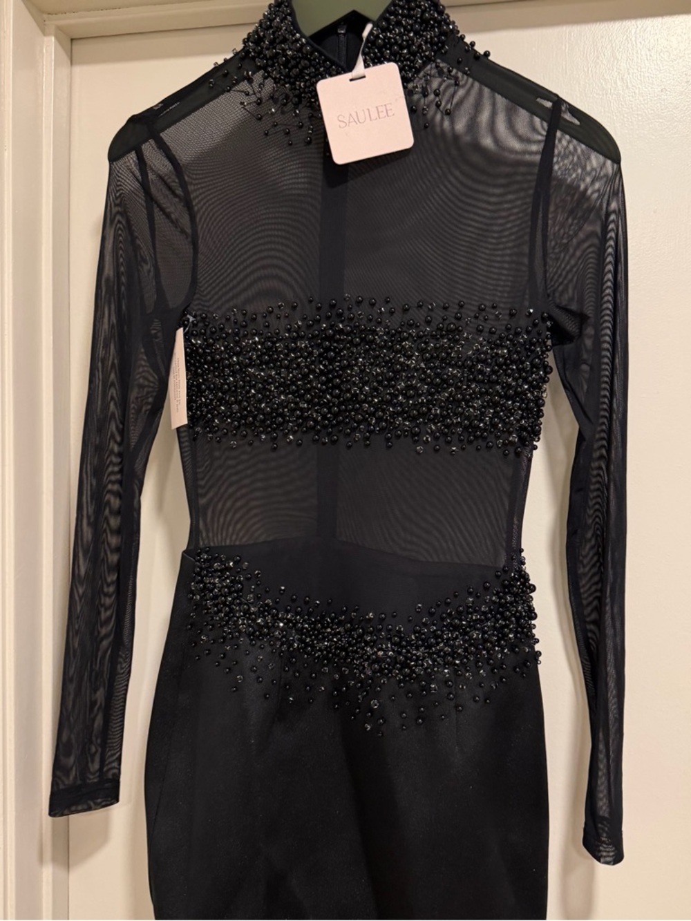 Sau Lee Po Gown Black Sheer Beaded Long Sleeve Dress Size 2 NEW! New With tags! - Picture 4 of 13